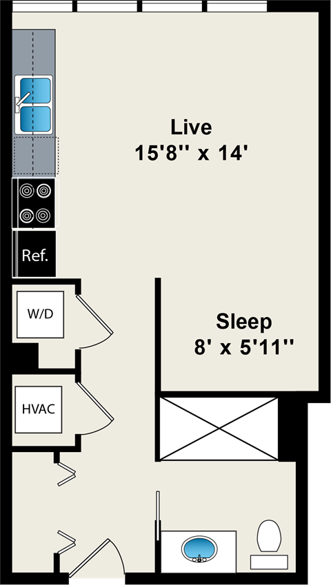 Floor plan for studio, 1 bath, 465 sqft